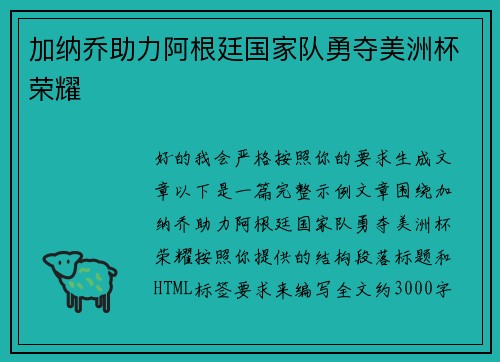 加纳乔助力阿根廷国家队勇夺美洲杯荣耀