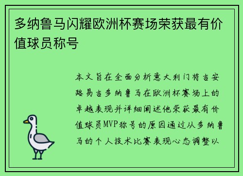 多纳鲁马闪耀欧洲杯赛场荣获最有价值球员称号